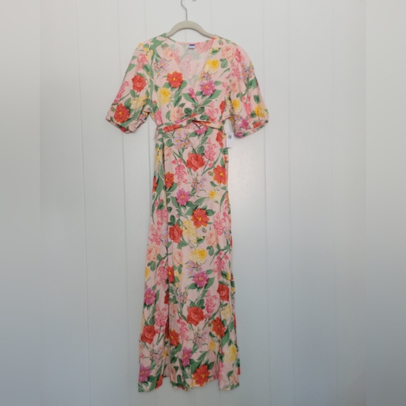 NWT Old Navy Linen Blend Twist Front Floral Midi Dress Pink Green Garden Party L - Picture 5 of 15